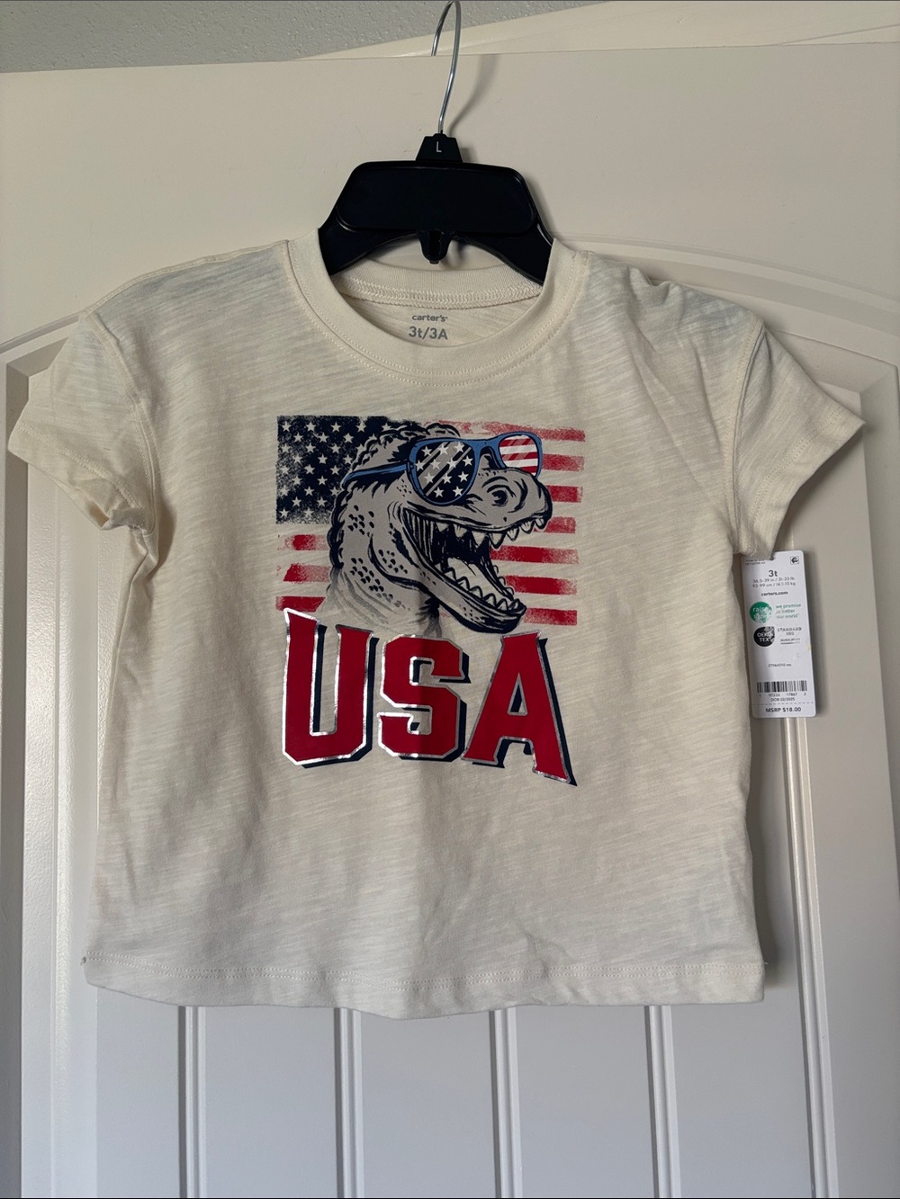 Carter's White Tee with Red & Blue USA Dinosaur Graphic